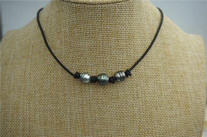 HandMade Fashion Three Tahitian pearl Leather Choker Necklace, men or women choker, Black Leather Pearl necklace,Le11-007