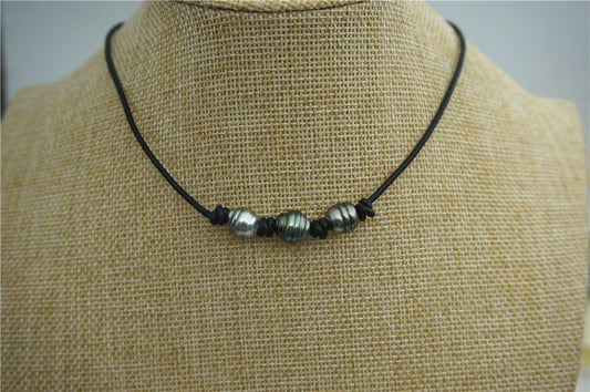 HandMade Fashion Three Tahitian pearl Leather Choker Necklace, men or women choker, Black Leather Pearl necklace,Le11-007