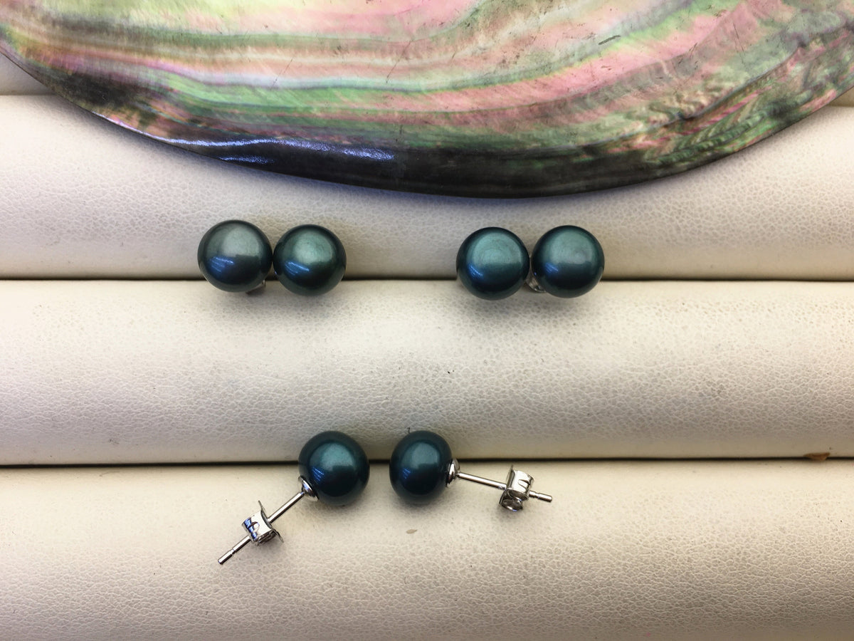 AAA 7-8mm Deep Green Button Round Pearl stud earrings,Sterling Silver,SE1-T7