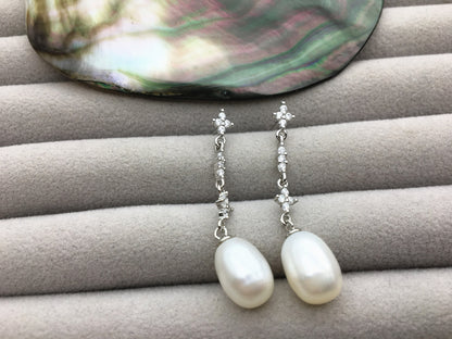 AAA 9mm White rice pearl stud earrings,S925 Sterling Sliver pearl earrings,pearl for women for girl,SE3-134