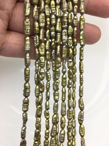 AA 4-5mm green brown toothpick Biwa Pearl Necklace,Genuine Fresh Water Pearl,Wedding Necklace,Mothers Day,ZS-80-10-20