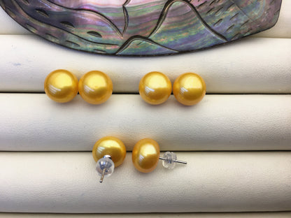 1 pair AAA 10-11mm Yellow Gold Pearl stud earrings,Sterling Silver,Wedding stud earrings,bridal,wedding party earrings,SE1-T28