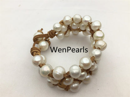 Three rows pearl bracelet,Leather Pearls Bracelet, Handmade Cuff,White Pearls on Brown Leather,Black leather bracelet,Le7-076