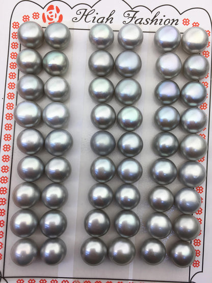 2 pairs AAA 9-9.5mm gray button round freshwater loose pearls pairs,half drilled,BTN9-T6