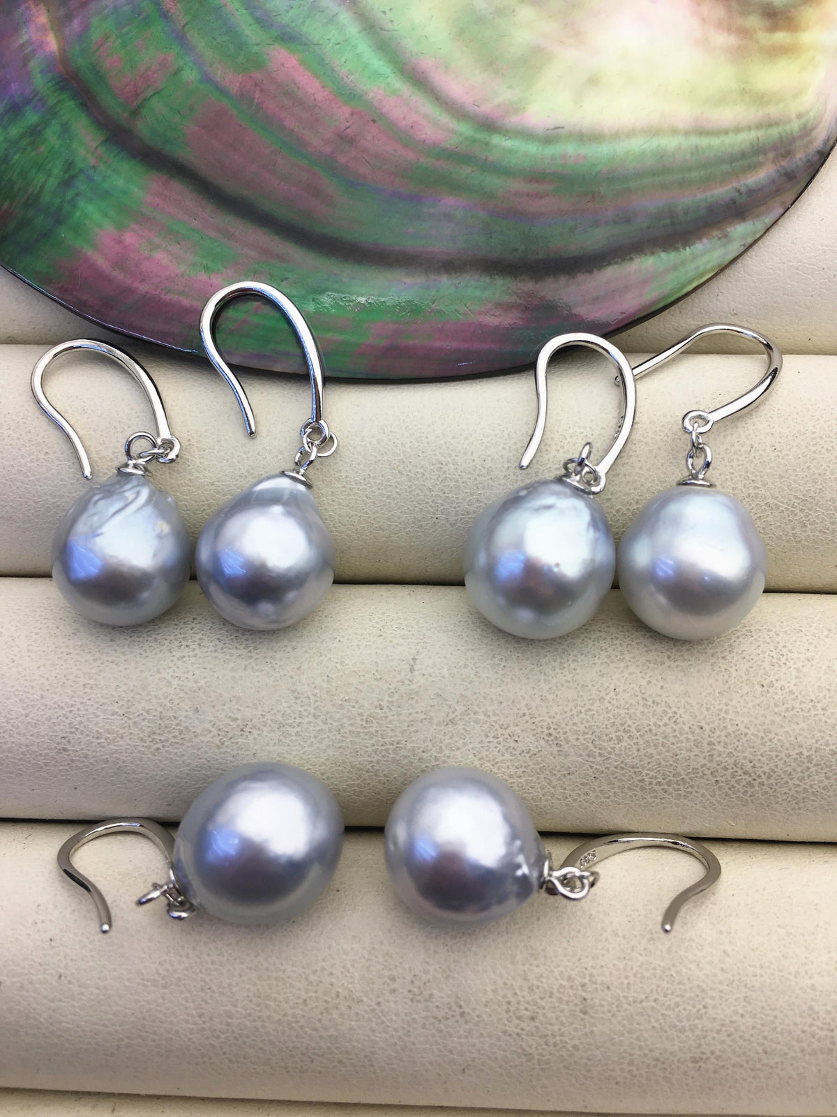 1 pair AA+ 11-12mm Silver Gray South Sea drop pearl dangling earrings,SE3-109-6