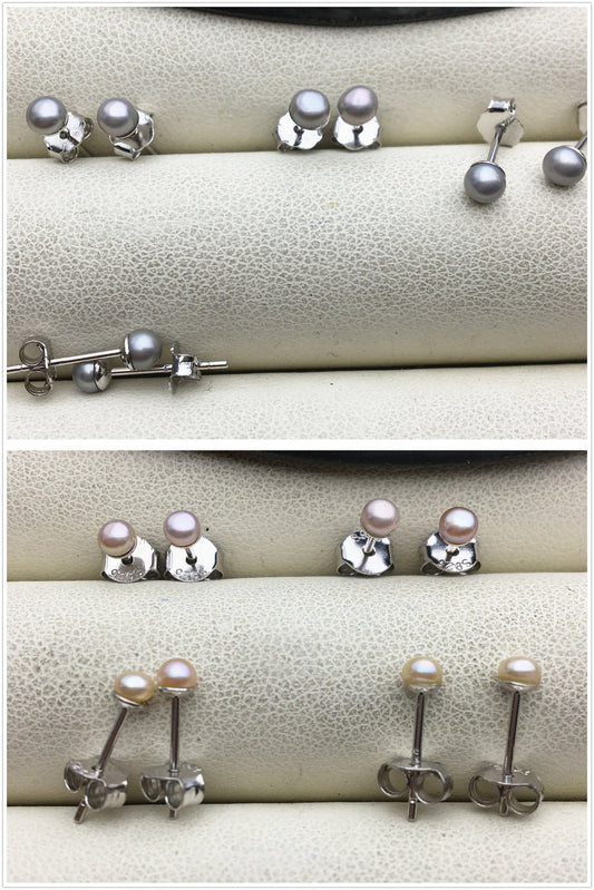 AAA 3-4mm tiny white/pink/purple freshwater pearl stud earrings,Sterling Silver,SE1-008