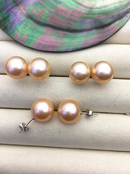 1 pair AAA 11-12mm orange round edison pearl stud earrings,S925 Sterling Sliver stud earrings,wedding pearl earrings,SE3-T9-4