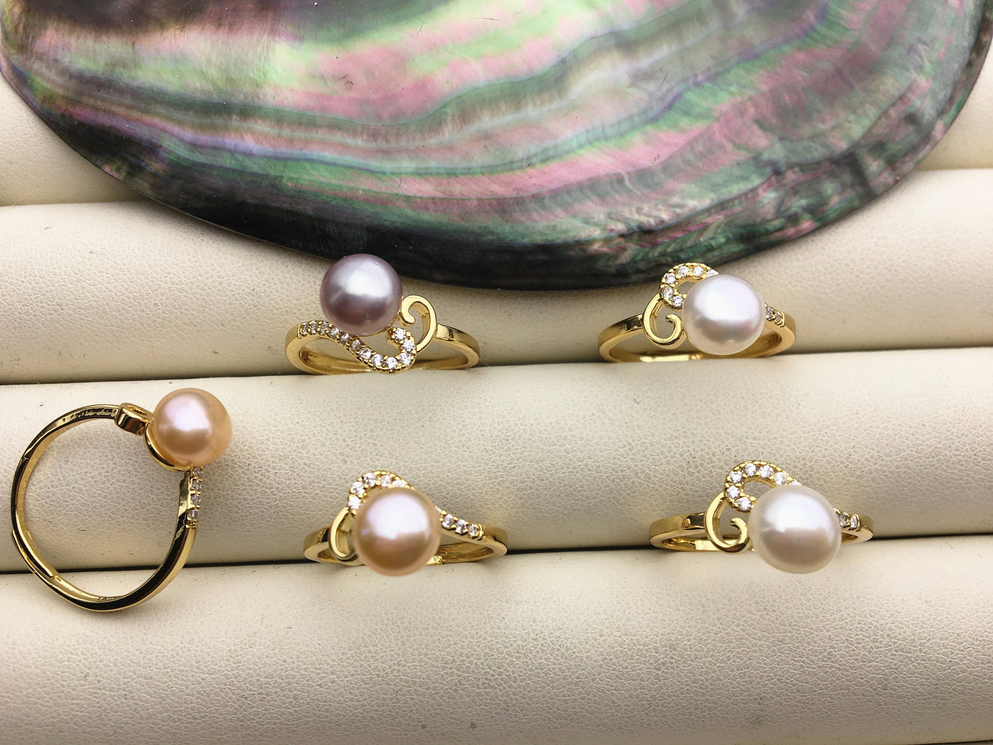 5pcs Gold Open white/pink/purple pearl ring,inexpensive engagement rings,fashion rings,fake diamond rings real pearls,R1-088-1