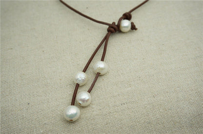 Round pearl,high luster,Leather Pearl Necklace, Pearl Leather Necklace, White Freshwater pearl, Light Brwon Leather Pearl necklace,Le1-094