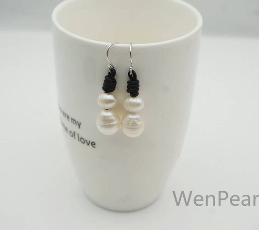 White Pearls and Leather Earrings- fashion earrings, Genuine freshwater pearl - Real leather - Select Leather Color - Le51-001