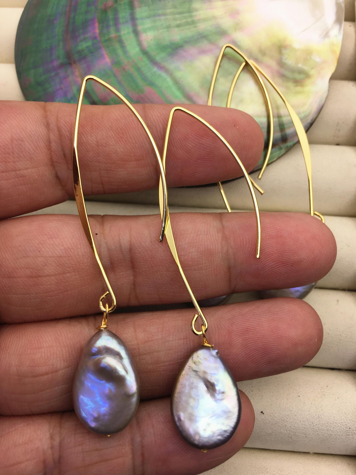 Big Hoop 12-14mm gray coin pearl dangle earrings,wedding pearl earrings,SE3-131-3
