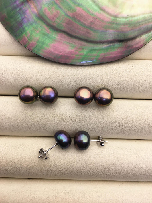 1 pair AAA 9-9.5mm Brown Button Round Pearl Stud Earrings,Sterling Silver,Wedding,classic pearl studs,SE1-T25