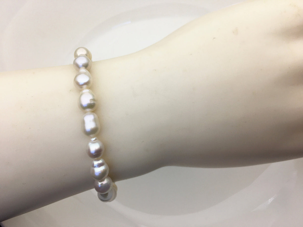 High Luster!2pcs 7 inchs AA+ 5-6mm White Baroque Freshwater Akoya pearl Elastic string Bracelet,B8-003-2