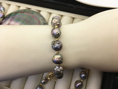 7+2'' AA 8-11mm gray rainbow edison baroque drop Freshwater pearl gold color chain Bracelet,B8-055-2