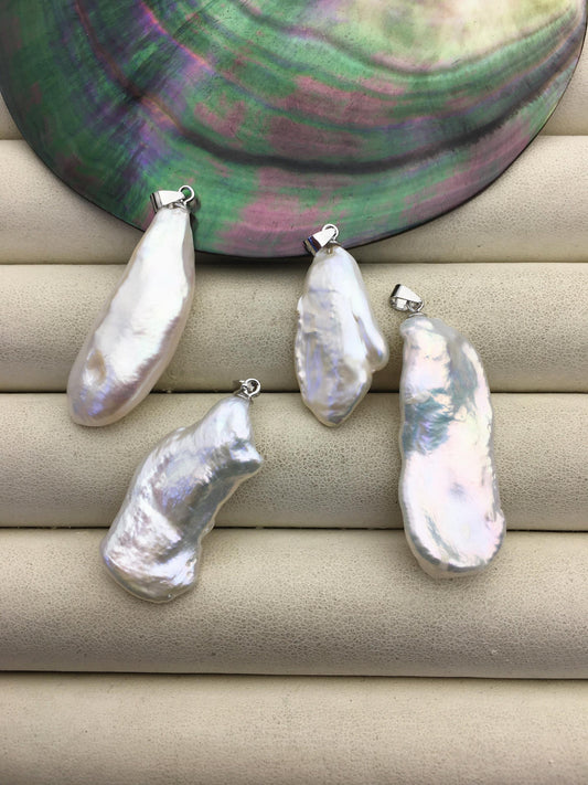 2pcs AAA 13-15mm Big White Keshi Biwa Baroque freshwater pearl pendant,NC1-T36