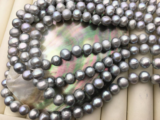 67'' 9mm Gray Potato Near Round Freshwater Pearl Necklace,dark gray Pearl necklace,gray round pearl,NPN1-076