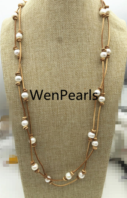 Freshwater Pearl and Leather Necklace,long leather necklace,Light Brwon,Tan Leather Pearl necklace,Leather pearl necklace,Le3-050