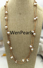 Freshwater Pearl and Leather Necklace,long leather necklace,Light Brwon,Tan Leather Pearl necklace,Leather pearl necklace,Le3-050