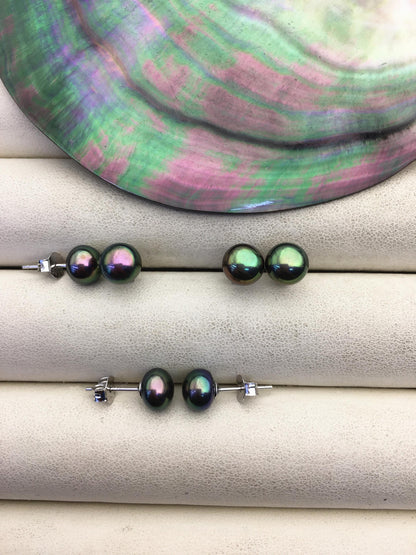 1 pair AAA 7-7.5mm peacock Pearl stud earrings,Sterling Silver,SE1-T10