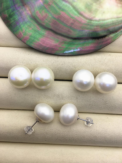 1 pair AA+ 13-14mm very big white round Pearl Stud Earrings,freshwater pearl earrings,SE1-069-20