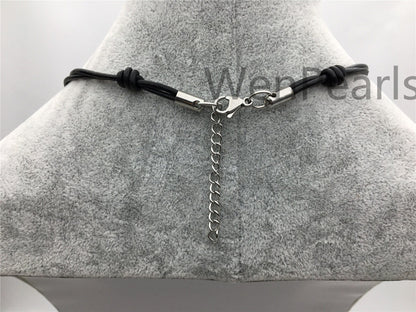 Three Big Pearl Leather necklace, White Freshwater pearl, Birthday,Black Leather Pearl necklace,Select leather color,Le4-029