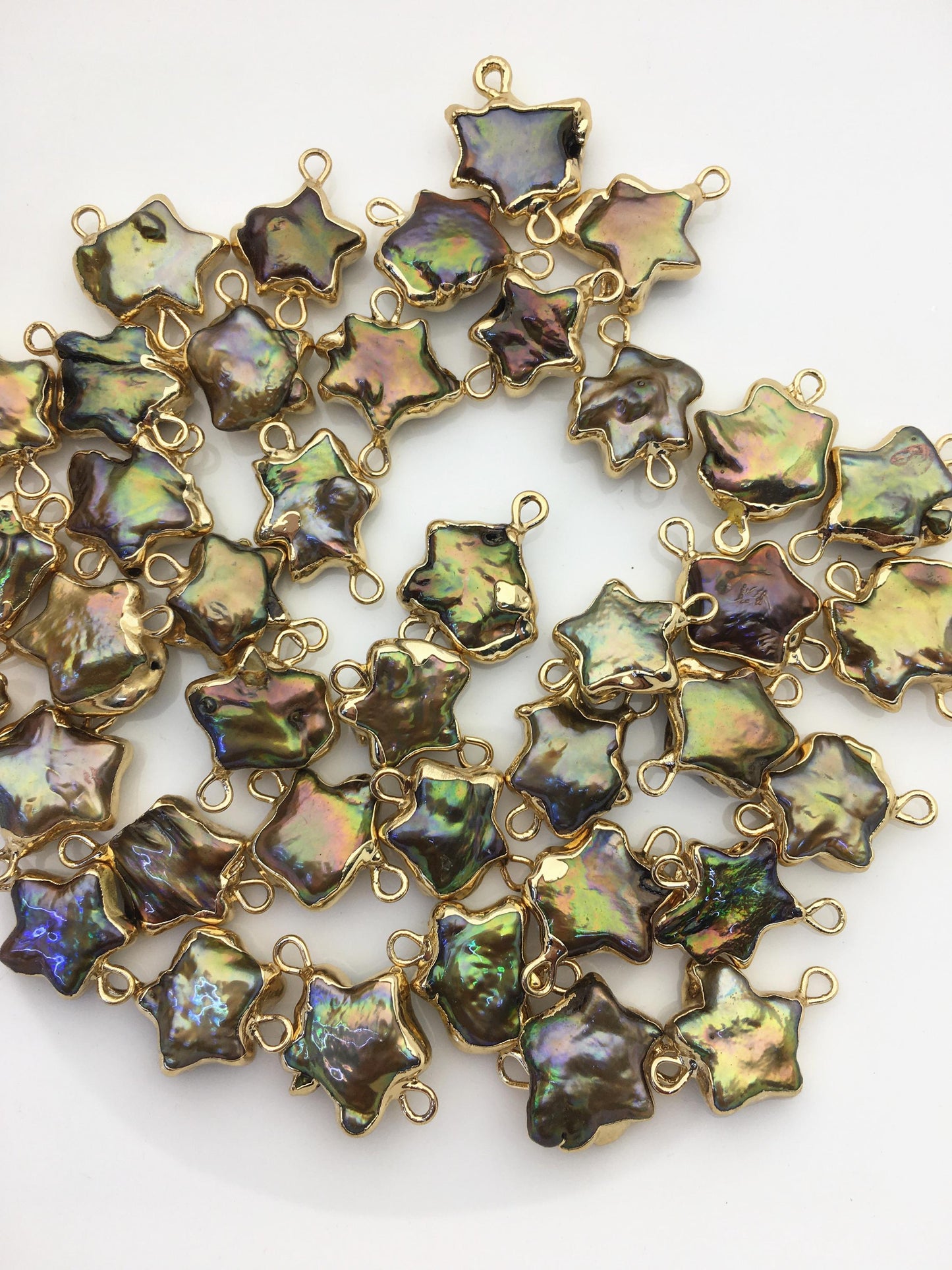 10pcs AA 11-13mm green rainbow five point Pearl Double Bail Connector Charm with Gold Electroplated Edge for make Earrings bracelet,EDG-010