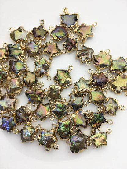 10pcs AA 11-13mm green rainbow five point Pearl Double Bail Connector Charm with Gold Electroplated Edge for make Earrings bracelet,EDG-010