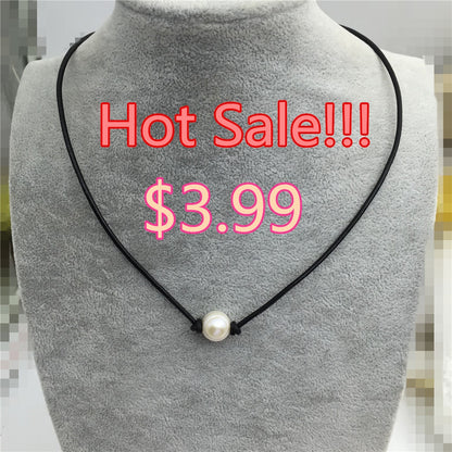 2.99 one necklace,Leather Big Pearl Choker,Pearl Leather Necklace,White Freshwater pearl, Birthday gift,Black Leather Pearl necklace,Le1-003