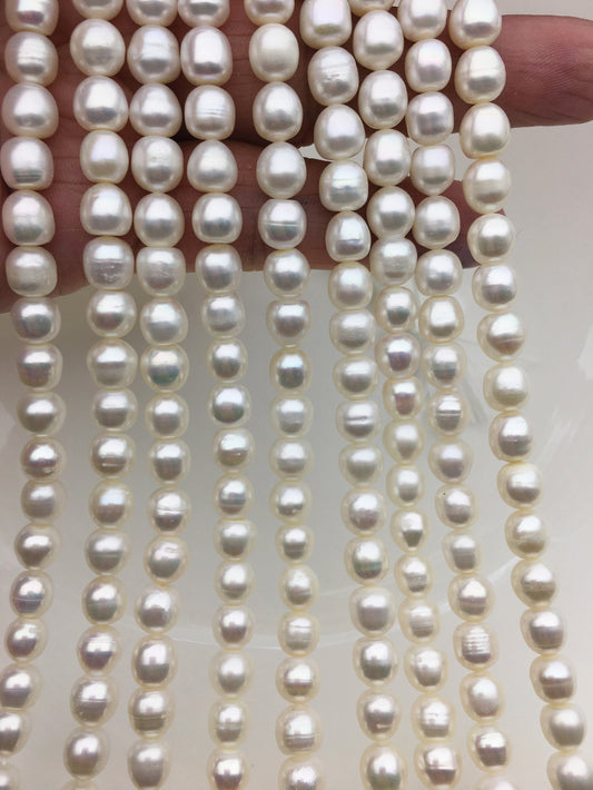 2 strands AA 6.3-7.2mm*6.5-7.5mm white rice pearls,for pearl necklace,for pearl earrings,LR7-2A-2