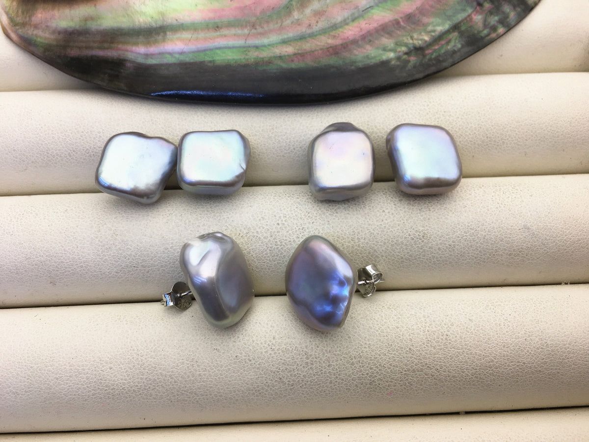AAA 11.5-12.5mm gray Square baroque Pearl Stud Earrings,freshwater pearl earrings,Wedding,classic pearl studs,SE3-166