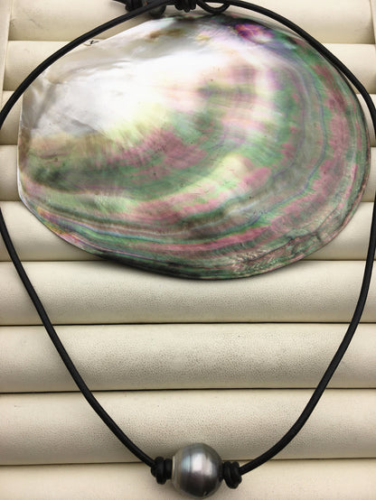 1pc 13-15mm huge big Tahitian Pearl Choker Necklace,Pearl Leather Necklace,Black Leather Pearl necklace,Le11-003