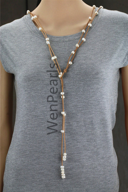 Baroque or potato near round Freshwater Pearl and Leather Necklace,long leather necklace,Select leather Color,Le3-094