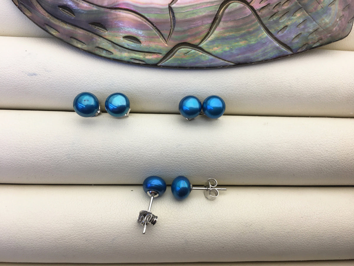 1 pair AAA 6-7mm blue pearl stud earrings,Sterling Silver,SE1-T37