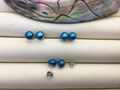 1 pair AAA 6-7mm blue pearl stud earrings,Sterling Silver,SE1-T37