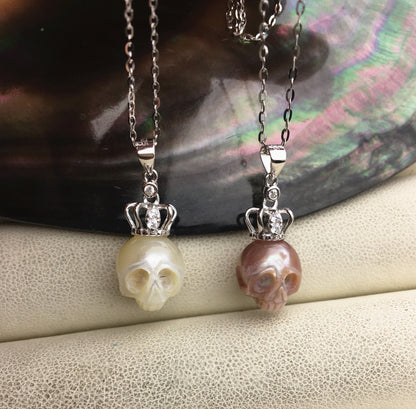 AAA 10mm big White/Purple handmade carved skull freshwater pearl crown pendant necklace,S925 Sterling silver pendant,NC1-012-14