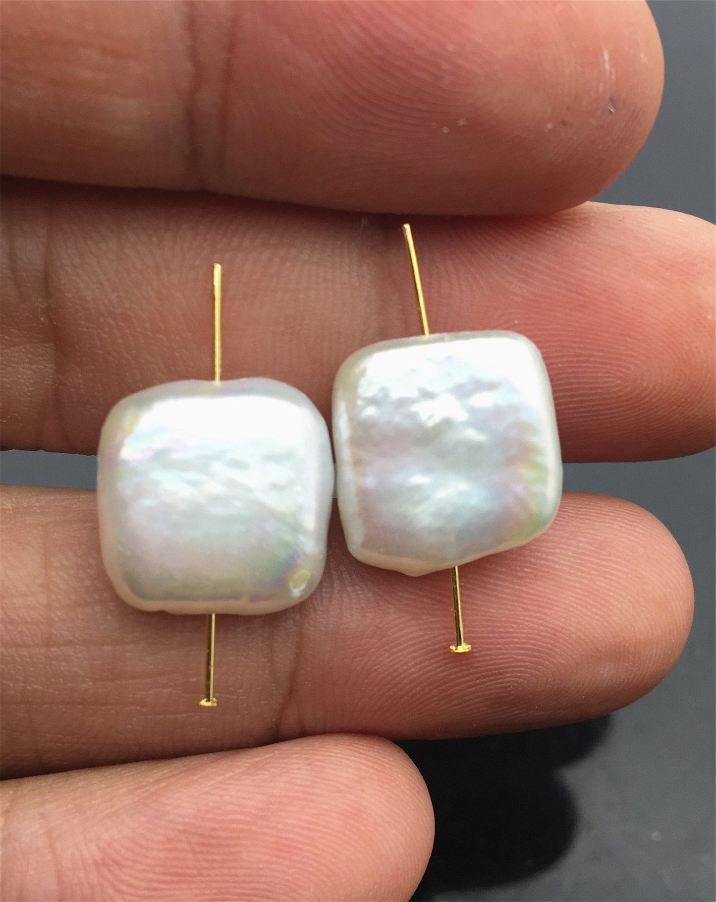 1 pair AA+ 12-14mm White Square Shape Freshwater Pearl White loose Beads Piar,wholesale,ZS-103-37-3