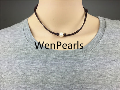 Leather Pearl Choker, Pearl Leather Necklace, bracelet,White Freshwater pearl, Birthday,Black Leather Pearl necklace,LIGHT BROWN,Le1-026