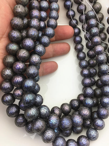 15.5'' AA+ 10-13mm Black Round Carved Freshwater Pearl - Hand Carved - CAC-T23