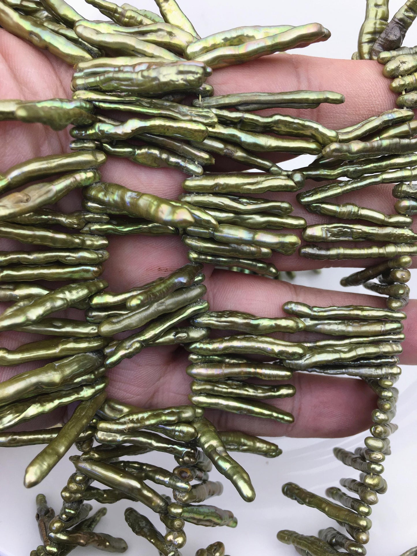 AA 3-5mm green toothpick Pearl Necklace,Genuine Fresh Water Pearl,Wedding Necklace,Mothers Day,ZS-80-10-41