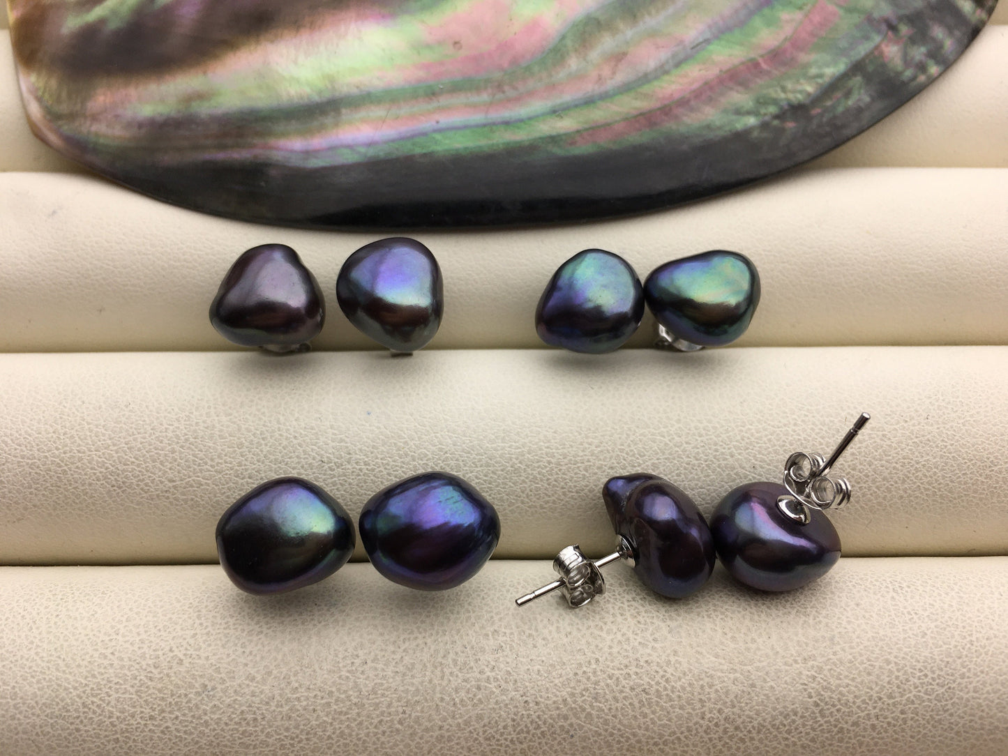 AAA 9-10mm green blue baroque nugget Pearl Stud Earrings,freshwater pearl earrings,Wedding,classic pearl studs,SE3-T34