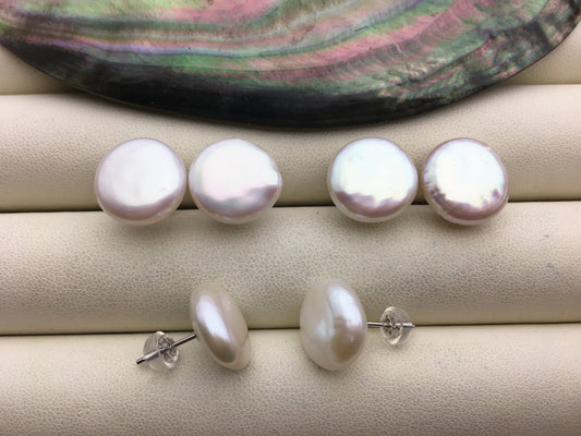 1 pair AA+ 13-14mm White Coin Fresh Water pearl stud earrings,S925 Sterling Silver,dangle pearl earrings,SE3-189