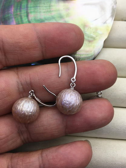 1 pair AAA 11-13/13-14mm purple handmade carved round pearl dangle earrings,S925 sterling silver earrings,SE3-T4