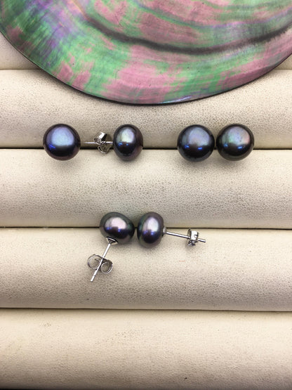 1 pair AAA 8.5-9mm Blue Green Pearl stud earrings,Sterling Silver,SE1-T1