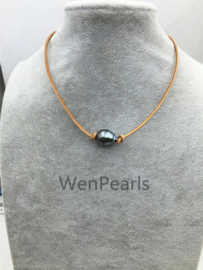 11-13mm big Tahitian Pearl Choker,Leather Necklace,High Luster pearl,Pearl Leather Necklace,tahitian bracelet,Le11-015