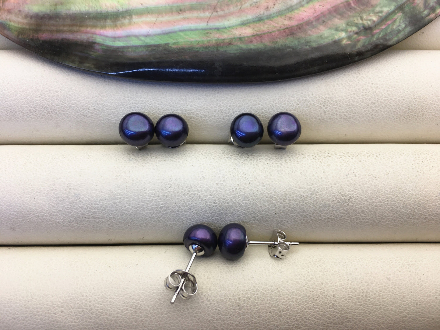 AAA 7-8mm deep blue black pearl stud earrings,Sterling Silver,SE1-T18