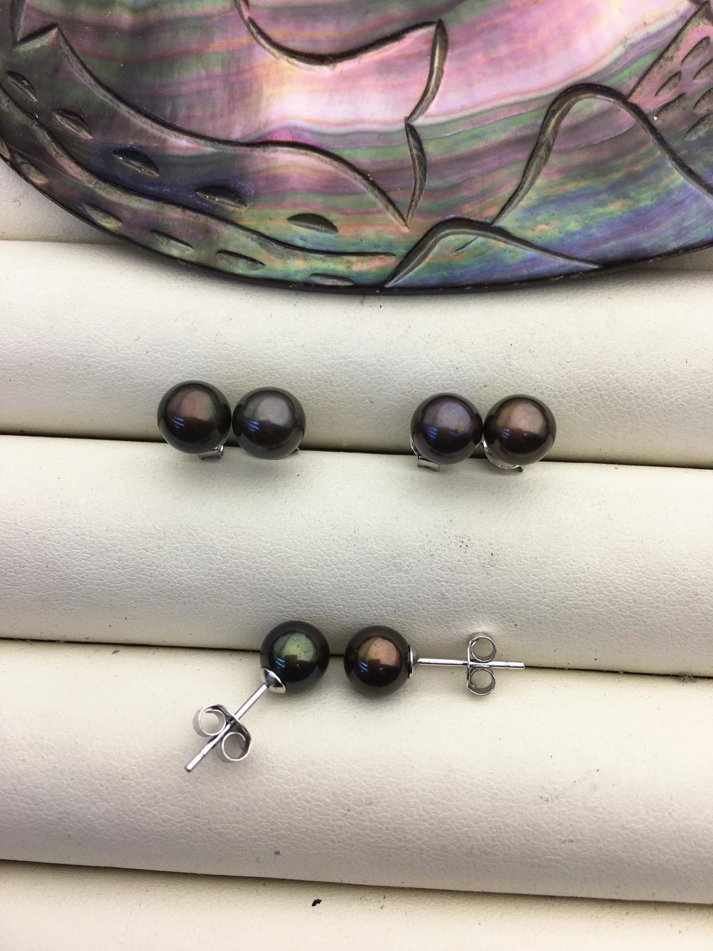 1 pair AAA 6.5-7mm Deep Green Round Pearl Stud Earrings,Sterling Silver,Wedding,classic pearl studs,SE1-T24