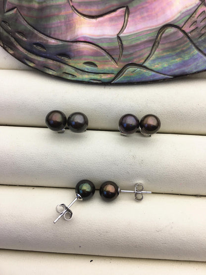 1 pair AAA 6.5-7mm Deep Green Round Pearl Stud Earrings,Sterling Silver,Wedding,classic pearl studs,SE1-T24