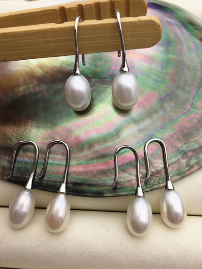 Minimalist white rice pearl dangle earrings,AAA 9mm oval rice pearl earrings for women,SE3-060