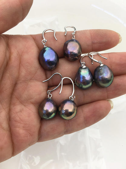 AAA 12-13mm black rainbow drop edison freshwater pearl dangle earrings,silver sterling sliver dangle earrings,SE3-T9-45