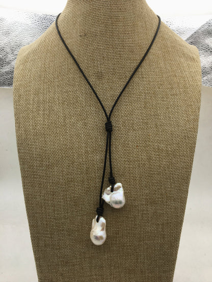 Two Big White Flame ball pearl and leather necklace,Baroque Freshwater Pearl Drop Necklace,Flaming ball pearl necklace,Le5-047